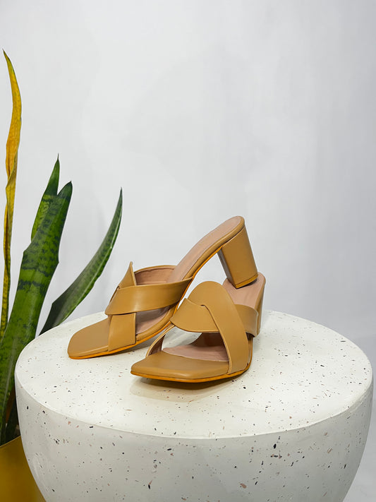 Beige overlay cross Block heel